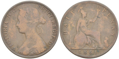 Великобритания 1/2 пенни 1861 Виктория (1837-1901) KM 748.2, Spink 3956 бронза 4543-1137
