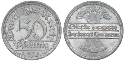 Германия 50 пфеннигов 1921 A KM 27, J. 301 алюминий aUNC 4114-724