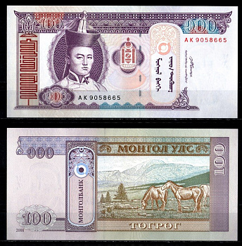 Монголия 100 тугриков 2008 Pick 65 b бумага UNC (пресс) 7148-33-3-2
