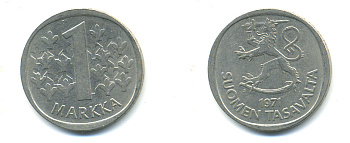 ФИНЛЯНДИЯ 1 МАРКА 1971 S KM 49а медно-никель 3999-145