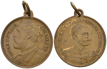 ШВЕЦИЯ МЕДАЛЬ ND КРОНПРИНЦ ШВЕЦИИ И НОРВЕГИИ ГУСТАВ АДОЛЬФ, КОРОЛЬ ОСКАР II, С КОЛЬЦОМ ДЛЯ НОШЕНИЯ, ДИАМЕТР 22 ММ., ВЕС 2,72 ГР. бронза 4536-333