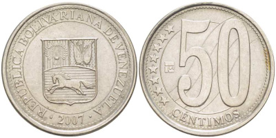 Венесуэла 50 сентимо 2007 KM 92 сталь плакированная никелем 217-751