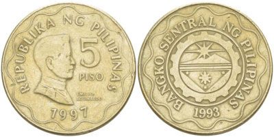 ФИЛИППИНЫ 5 ПИСО 1997 ЭМИЛИО АГИНАЛЬДО KM 272 никель латунь 4542-812