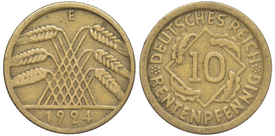 Германия 10 рентенпфеннигов 1924 E KM 33, J. 309 алюминиевая бронза 4604-644