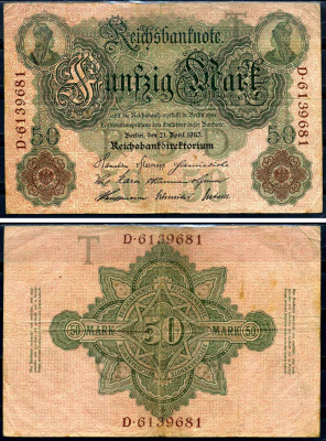 Германия 50 марок 1910 Pick 41 бумага 7191-46-1-2