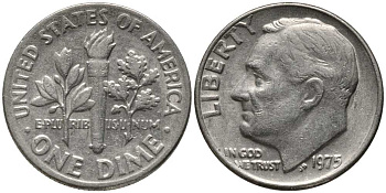 США 10 ЦЕНТОВ = 1 ДАЙМ 1975 РУЗВЕЛЬТ KM 195а медь плакированная медно-никелем 112-642