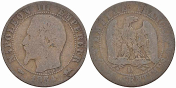 ФРАНЦИЯ 5 САНТИМОВ 1854 D, НАПОЛЕОН III (1852-1870) KM 777.4, LE FRANC 116.12 бронза 108-252