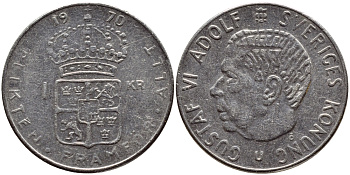 Швеция 1 крона 1970 Густав VI Адольф (1950-1973) KM 826a медь плакированная медно-никелем 4388-1031
