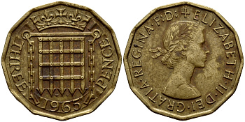 Великобритания 3 пенса 1965 Елизавета II (1952-2022) KM 900, Spink 4153 никель латунь 46-1842