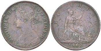 Великобритания 1 фартинг 1862 Виктория (1837-1901) KM 747.2, Spink 3958 бронза 4613-422