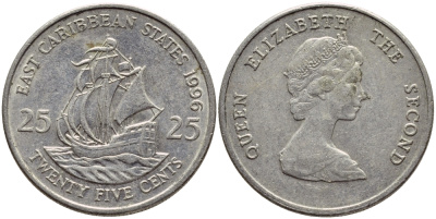 Восточно-Карибские штаты 25 центов 1996 Елизавета II (1952-2022), парусник KM 14 медно-никель 89-537