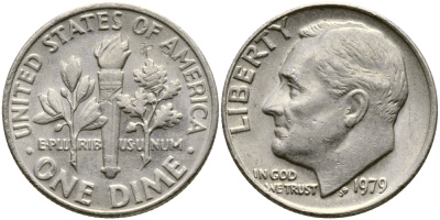 США 10 ЦЕНТОВ = 1 ДАЙМ 1979 РУЗВЕЛЬТ KM 195а медь плакированная медно-никелем 53-515