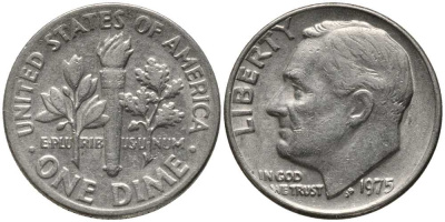 США 10 ЦЕНТОВ = 1 ДАЙМ 1975 РУЗВЕЛЬТ KM 195а медь плакированная медно-никелем 112-642