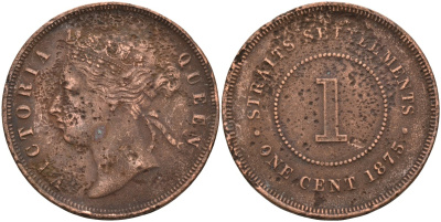 Стрейтс-Сетлментс 1 цент 1875 Виктория (1837-1901), Ост-Индская компания KM 9 медь 4590-423