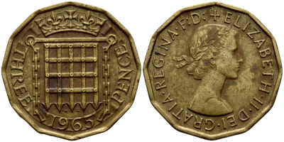 Великобритания 3 пенса 1965 Елизавета II (1952-2022) KM 900, Spink 4153 никель латунь 46-1842