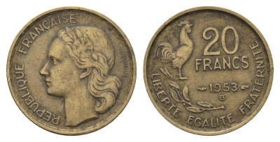 Франция 20 франков 1953 B KM 917.2, Le Franc 402.12 алюминиевая бронза 4121-326
