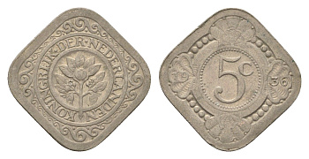Нидерланды 5 центов 1936 Вильгельмина (1890-1948) KM 153 медно-никель 4669-1255