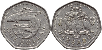 Барбадос 1 доллар 1988 летучая рыба KM 14.2 медно-никель 4398-252