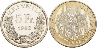 ШВЕЙЦАРИЯ 5 ФРАНКОВ 1982 100 ЛЕТ ГОТХАРДСКОМУ ТОННЕЛЮ KM 61 медно-никель PROOF 1087-3-32