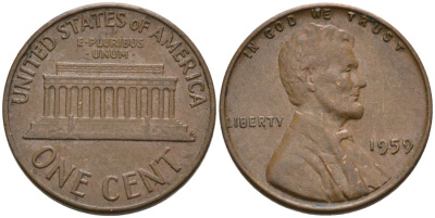 США 1 цент 1959 Авраам Линкольн KM 201 медь цинк 4564-319