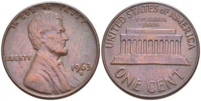США 1 ЦЕНТ 1963 D, ЛИНКОЛЬН KM 201 медь цинк 44-929