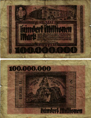 КРЕФЕЛЬД, ГЕРМАНИЯ 100000000 МАРОК 1923 НОТГЕЛЬД, ЗЕМЛЯ СЕВЕРНЫЙ РЕЙН-ВЕСТФАЛИЯ, 14 СЕНТЯБРЯ 1923, RREIHE U ARNOLD KELLER 912s бумага 8518-46-2-1