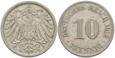 Германия 10 пфеннигов 1912 D KM 12, Jager 13, Weege 8 медно-никель 219-223