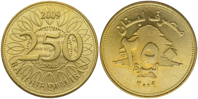 Ливан 250 ливров 2009 KM 36a медь алюминий цинк UNC 4513-612