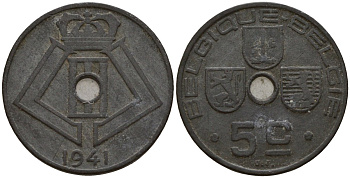 Бельгия 5 сантимов 1941 Belgique - Belgie, Леопольд III (1934-1947), германская оккупация, Вторая мировая война KM 123 цинк 4160-1121