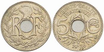 ФРАНЦИЯ 5 САНТИМОВ 1936 ТИП ЛИНДАЙЁ KM 875, LE FRANC 122.19 медно-никель 105-368