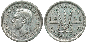 Австралия 3 пенса 1951 m, Георг VI (1937-1952), без букв KM 44 серебро 71-314