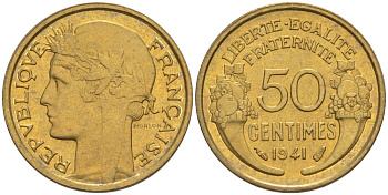 ФРАНЦИЯ 50 САНТИМОВ 1941 ТИП MORLON KM 894.1, LE FRANC 192.18 алюминиевая бронза 44-435