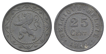 Бельгия 25 сантимов 1916 германская оккупация Первая мировая война, Альберт I (1910-1934) KM 82 цинк 4538-821
