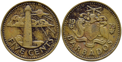 Барбадос 5 центов 1973 маяк Саут-Пойнт KM 11 латунь 4398-444
