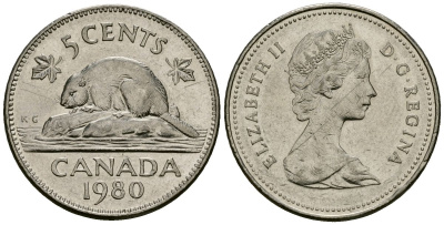 Канада 5 центов 1980 Елизавета II (1953-), бобр KM 60.2 никель 4167-925
