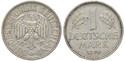 ФРГ 1 марка 1950 D KM 110 медно-никель 4132-711