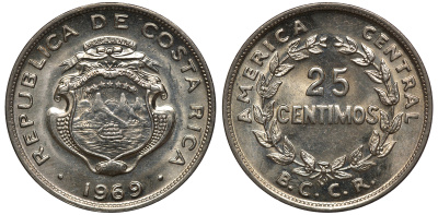 Коста-Рика 25 сентимо 1969 KM 188.1 медно-никель UNC M53-03