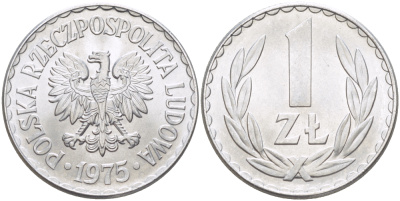 ПОЛЬША 1 ЗЛОТЫЙ 1975 КРЕМНИЦА KM 49.1, Parchimowicz 213m алюминий UNC 216-826