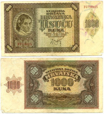 Хорватия 1000 кун 1941 женщина, горы Велебит Pick 4 бумага 3295-38-3