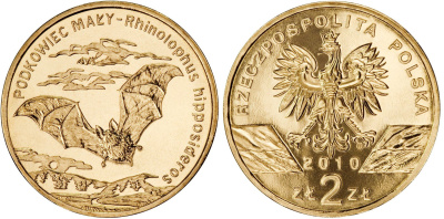 Польша 2 злотых 2010 MW, серия всемирная природа, подковоносная летучая мышь KM 723 нордик UNC 4448-1051