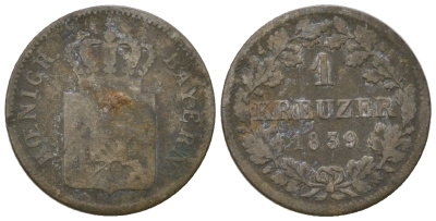Бавария 1 крейцер 1839 Людвиг I (1825-1848) KM 422, Jaeger 58 a, AKS 88 серебро 4615-1238