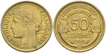 ФРАНЦИЯ 50 САНТИМОВ 1939 ТИП MORLON KM 894.1, LE FRANC 192.15 алюминиевая бронза 44-851
