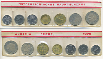 Австрия набор из 7 монет  1979  2, 5, 10, 50 грошей, 1, 5, 10 шиллингов, в целлофане KM PS 39   PROOF  4400-7-3