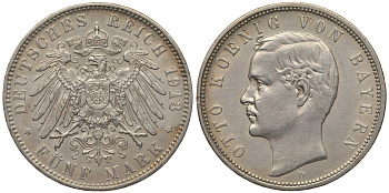Бавария 5 марок 1913 D, Отто (1886-1913) Weege 47, J. 46, KM 512 серебро 413-6331