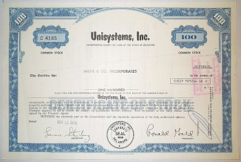 США, UNISYSTEMS, INC. 100 акций 1973 США бумага 00-00