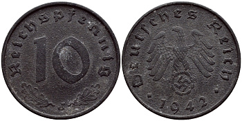 ГЕРМАНИЯ 10 РЕЙХСПФЕННИГОВ 1942 J КМ 101 J.371 цинк 4391-1042