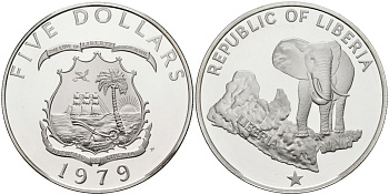 Либерия 5 долларов 1979 слон на фоне карты KM 29а серебро PROOF 11-320-23