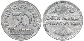 Германия 50 пфеннигов 1921 D KM 27, J. 301 алюминий 4114-836
