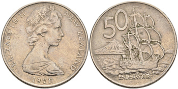 Новая Зеландия 50 центов 1971 Елизавета II (1952-2022), парусник Индевор KM 37.1 медно-никель 4131-1214