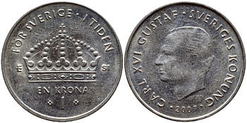 Швеция 1 крона 2007 Карл XVI Густав (1973- ) KM 894 медно-никель 176-1257